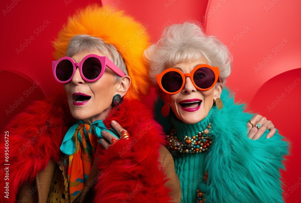 Two Women in Sunglasses and Colorful Outfits Generative AI