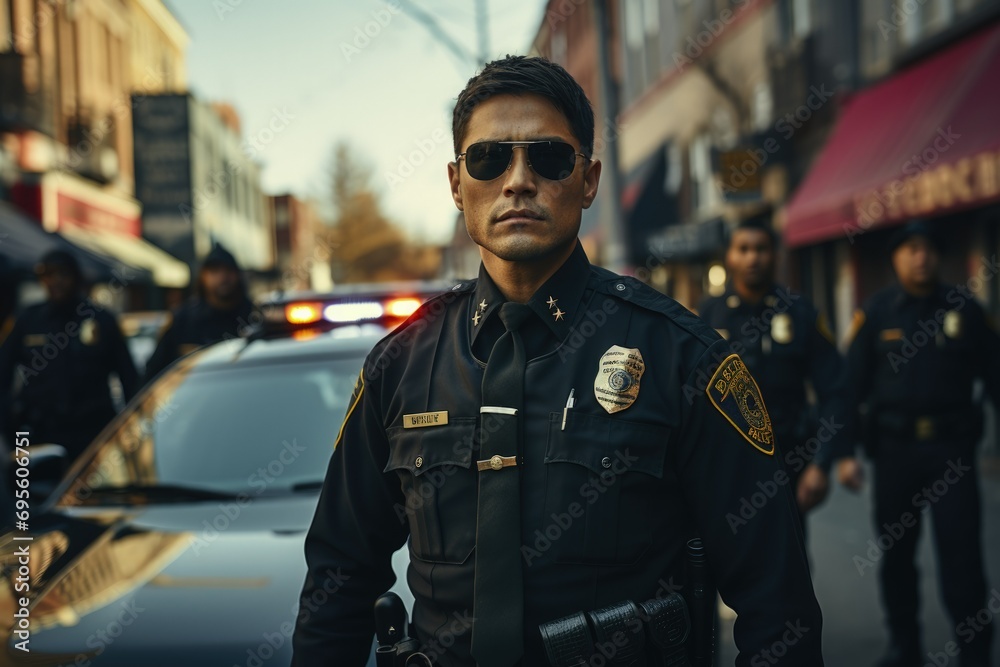 Determined Officer on Duty: A stern-faced police officer stands confidently on the street, embodying law enforcement vigilance and authority. Determined Officer on Duty: A stern-faced police officer stands confidently on the street, embodying law enforcement vigilance and authority.