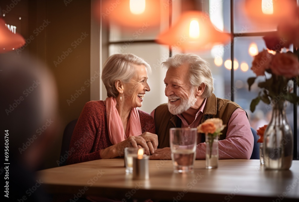 Elderly Couple Smiling and Laughing at a Restaurant Generative AI