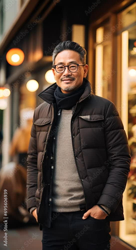 A smiling man with glasses in a winter jacket stands on a city street. A smiling man with glasses in a winter jacket stands on a city street.