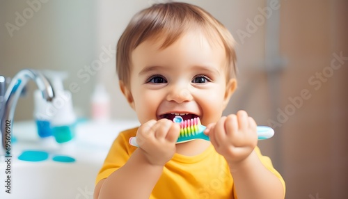 Close-up of a baby brushing their teeth   