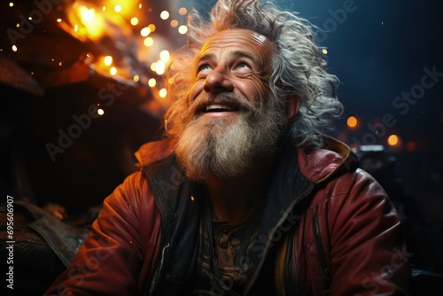 Euphoric Man with Sparklers: A bearded man gazes upward, joy reflected in his eyes, as he is surrounded by the magic of sparklers at night. © ZenOcean_DigitalArts