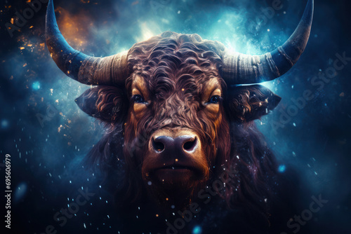 The majestic face of a bull emerges from a cosmic backdrop
