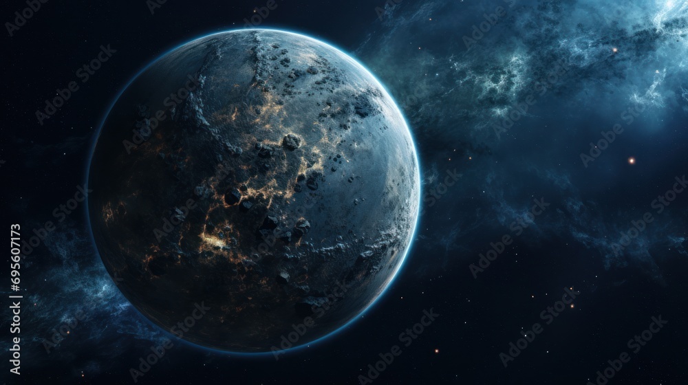  an artist's rendering of an exoplaned planet with a star cluster in the foreground and a distant star cluster in the background.