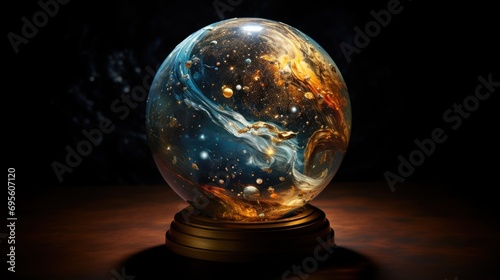  a glass ball with a picture of a bird in space inside of it on a wooden table with a black background.