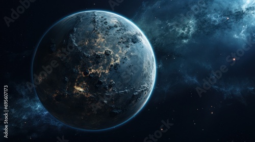  an artist's rendering of an exoplaned planet with a star cluster in the foreground and a distant star cluster in the background.