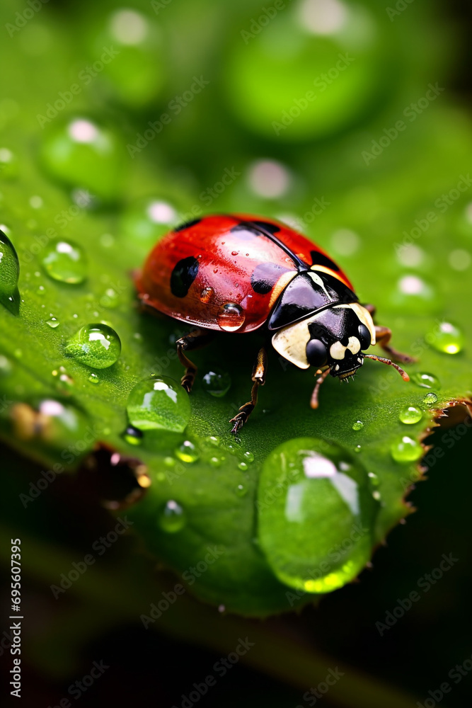 a mesmerizing close-up of a vibrant ladybug perched delicately on a dew-covered leaf created with Generative Ai