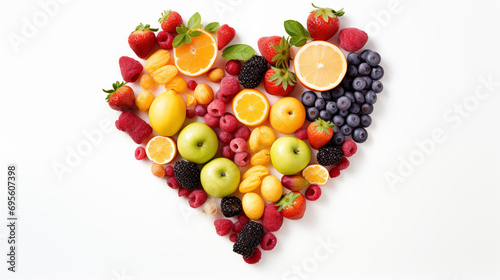 Fundo com diversas frutas formando um coração, mostrando a importância dos alimentos para uma boa nutrição e para saúde photo
