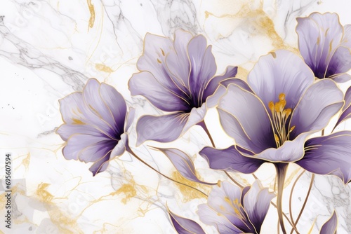 Graphic Gold line spring crocus abstract pattern on marbled pale watercolor look background