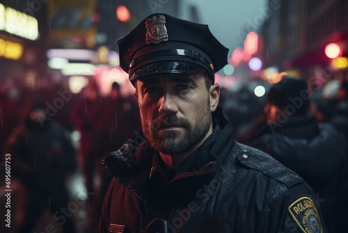 Duty in the Rain: A stoic policeman in uniform stands vigilant in the rain, reflecting dedication and the somber side of urban life.