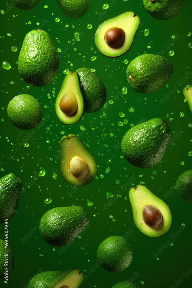 Lots of fresh avocados fly on spring green background