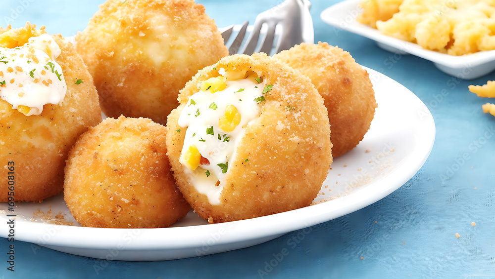 Delicious fried rice balls filled with mozzarella cheese, meat, and pea