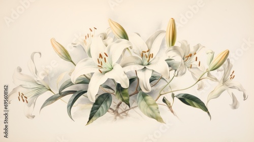  a painting of a bunch of white lilies with green leaves on a white background with a white wall in the background.