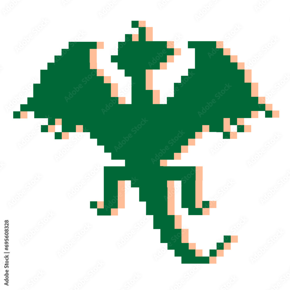 Winged green dragon isolated on white background in pixel art style. For celebrating chinese new year, home textile, bedding, wallpaper, apparel fabric, package. Vector illustration Winged green dragon isolated on white background in pixel art style. For celebrating chinese new year, home textile, bedding, wallpaper, apparel fabric, package. Vector illustration