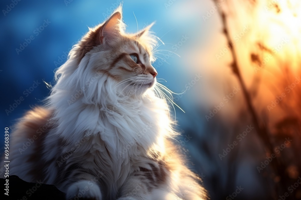 Beautiful Siberian cat at sunset in the rays of the setting sun. Beautiful Siberian cat at sunset in the rays of the setting sun.