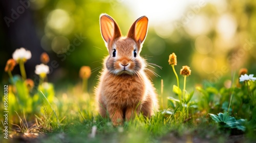 Banner of a cute, fluffy Easter bunny sees on a lawn with green grass and flowers. Spring background.