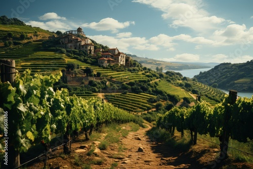 Idyllic Vineyard Landscape: Lush grapevines, rolling hills, rustic estate, sun-kissed valley, tranquil wine country.