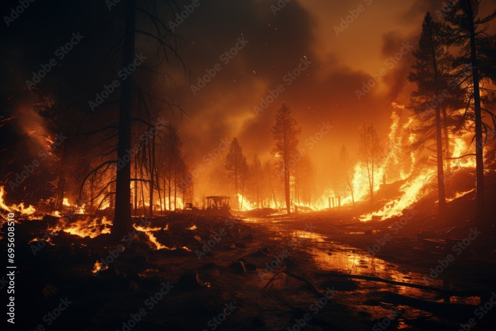 Wildfire Devastation: Catastrophic forest blaze, ominous glow, environmental disaster, nature's fury, apocalyptic scene.