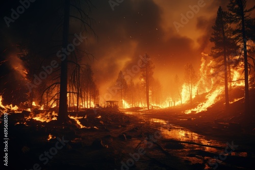 Wildfire Devastation  Catastrophic forest blaze  ominous glow  environmental disaster  nature s fury  apocalyptic scene.