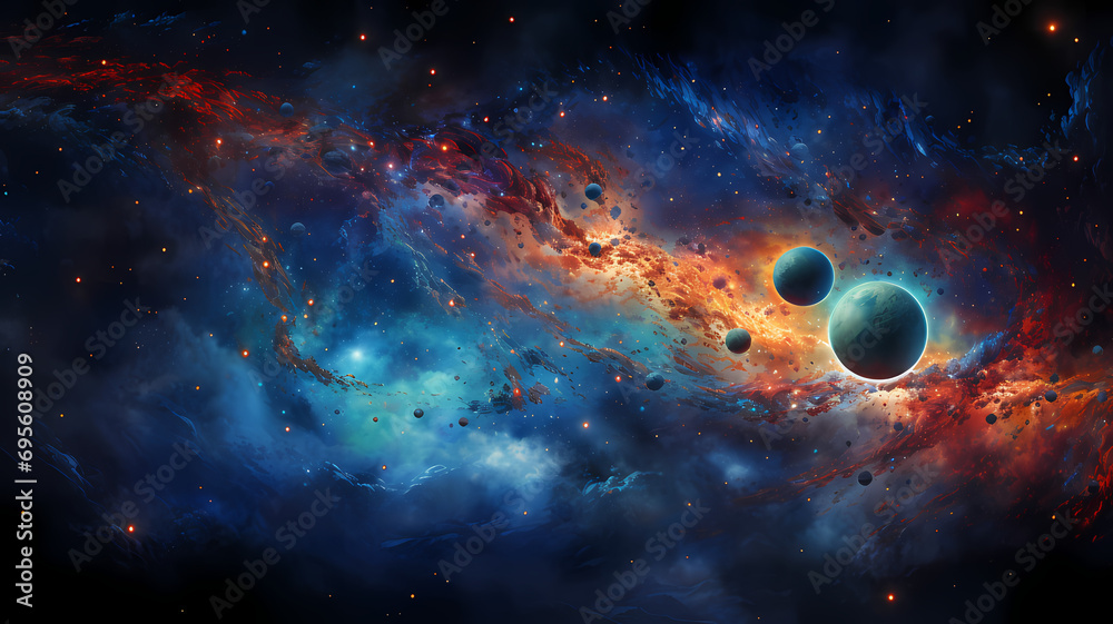 
A watercolor painting of a cosmic scene, with planets, stars, and nebulae in vibrant colors and swirls