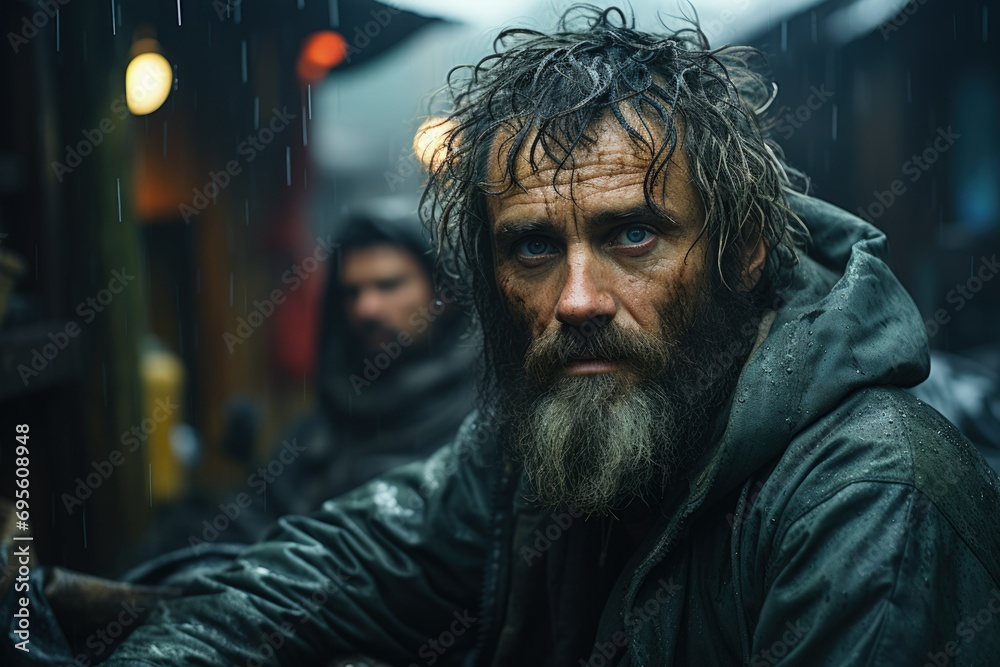 Obraz premium Weary Man in the Rain - Grit, survival, concept of endurance and weathering life’s storms.