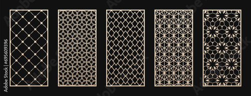 Laser cut, CNC cutting patterns set. Abstract vector geometric ornaments with thin lines, grid, lattice. Modern arabesque style. Cutting stencil for wood panel, metal, plastic, paper. Aspect ratio 1:2 photo