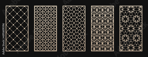Laser cut, CNC cutting patterns set. Abstract vector geometric ornaments with thin lines, grid, lattice. Modern arabesque style. Cutting stencil for wood panel, metal, plastic, paper. Aspect ratio 1:2