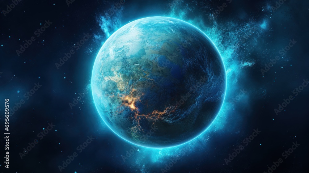  an artist's rendering of a blue planet with a star cluster in the middle of the planet's atmosphere.