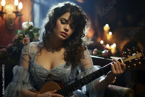 Melancholic Melody - A woman plays the guitar in a dimly lit room, her expression one of deep reflection stirred by music's emotional power.