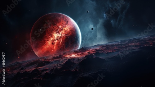  an artist s rendering of a red planet in space with a distant star in the foreground and a distant star in the background.