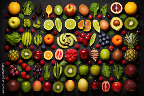 Flat lay of symmetrical fruits and berries that provide incredible nutrition and health benefits © Eliya
