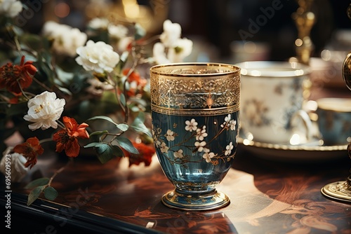 Vintage Elegance - An ornate blue and gold cup, beautifully detailed and set amongst lush florals, exudes a sense of history and refined taste.