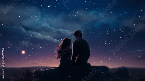 a young couple watch falling star in night, romantic moment video background