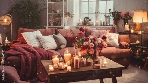 Elegant interior with a sofa, red flowers and red hearts in a white room with a large window.