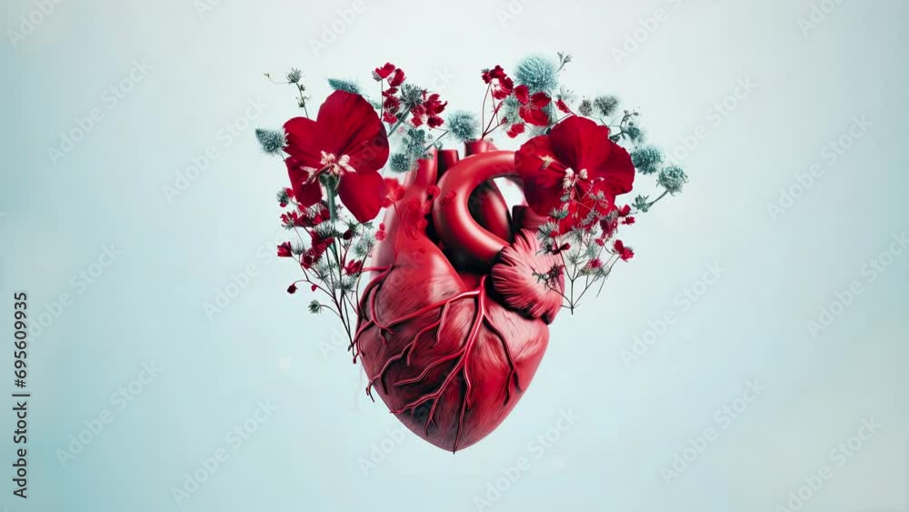 Human heart with wild colorful flowers. Flat lay. Top view