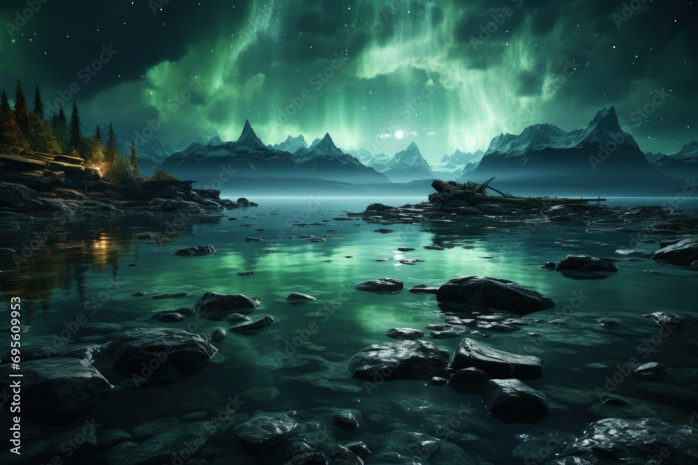Mystical Aurora over Tranquil Lake - A stunning display of northern lights dances over a serene lake, flanked by dark mountains, evoking awe and tranquility in a pristine landscape.