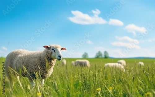 Sheep grazing on a lush green field