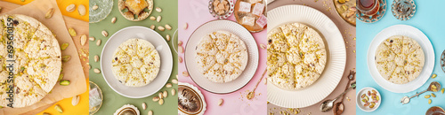 Collage of tasty Tahini halva with pistachio nuts on color background, top view photo