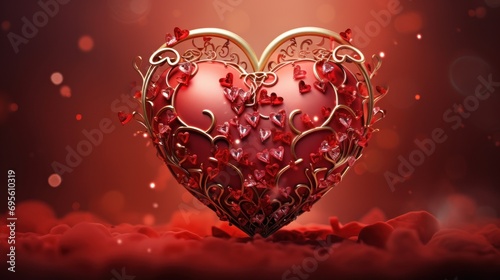  a red heart with gold filigrees and hearts on a red background with boke of light and bubbles.