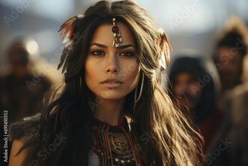 Tribal Beauty in Focus: A woman with tribal adornments gazes fiercely, signifying strength and cultural pride.