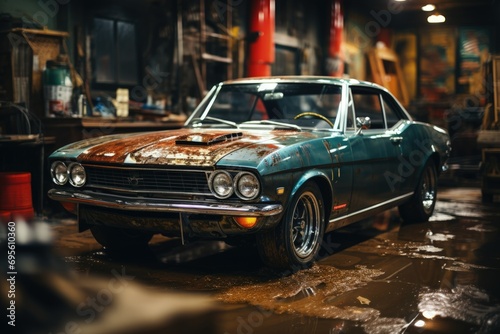 Vintage Muscle Car Prestige: A classic muscle car stands with presence in a rustic garage, symbolizing retro charm and rugged history. © ZenOcean_DigitalArts