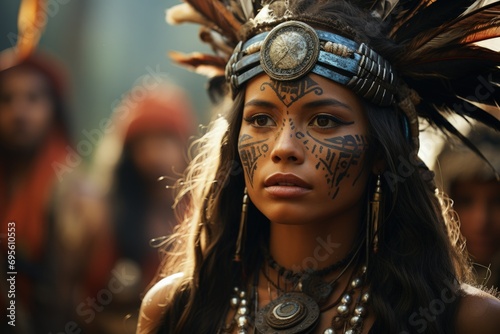 Tribal Woman's Fierce Pride: A woman adorned in tribal attire, with her evocative face paint and headdress, radiates strength and cultural heritage.