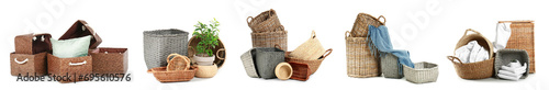 Collage of wicker baskets with different items on white background