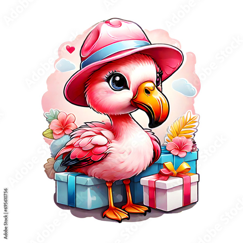 Sticker isolated cute cartoon pink flamingo wearing a pink hat with gift boxes. Transparent background. Generative AI
