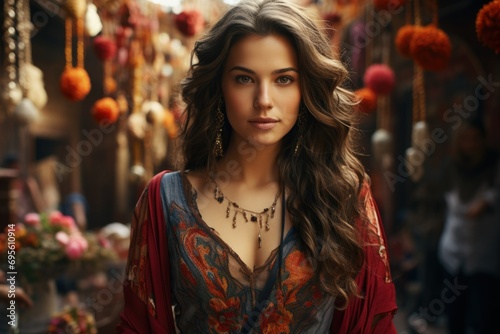 Bohemian Beauty in the Market: A woman in vibrant attire exudes confidence and cultural richness in an exotic marketplace.