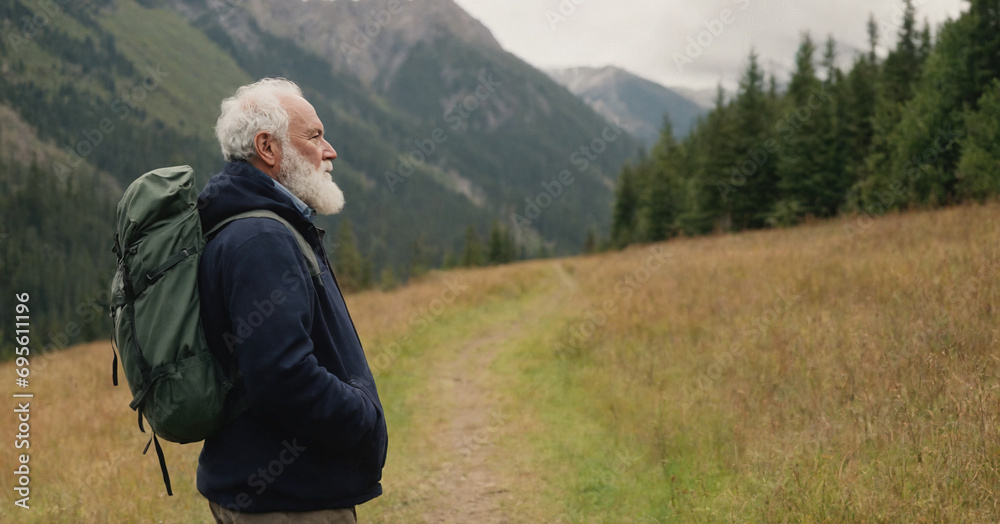 Elderly man with bearded face, representing wisdom and happiness, enjoys fresh air in nature.