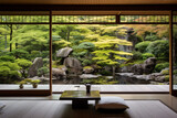 A serene Zen garden room with a rock garden, bonsai trees, and sliding shoji screens.