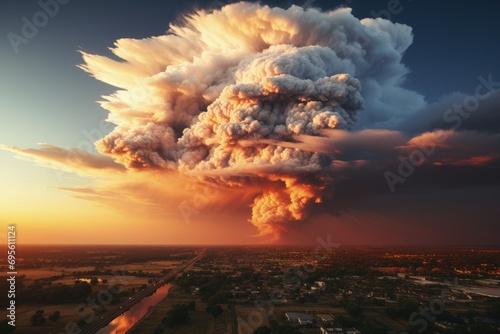 Majestic Volcanic Eruption at Sunset - A breathtaking volcanic eruption beneath a sunset sky, illustrating nature's awe-inspiring power and beauty.