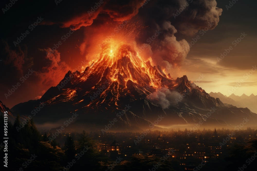 Volcanic Eruption Over Town - Nature’s Mighty Force. A dramatic scene of a volcano erupting over a small town, showcasing the raw power of nature.