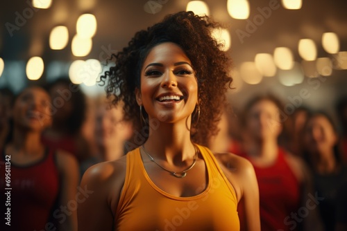 Joyful Woman Amongst Crowd - A radiant woman beams with happiness in a bustling crowd, embodying joy and positive energy.